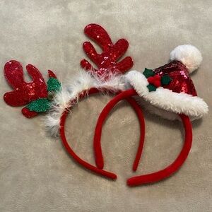 Two Christmas Headbands Girls Red, Green, White